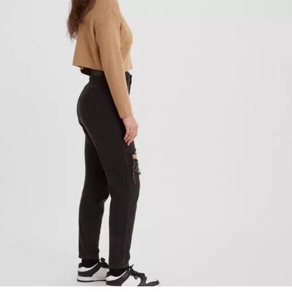 NWT LEVI'S High Waisted Mom Jeans Black Denim Distressed 32X27 - Picture 2 of 12